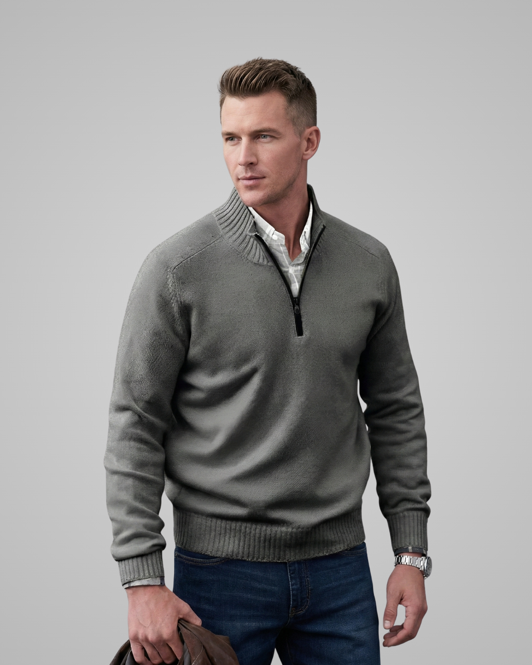 Man wearing a gray sweater over a white shirt on a gray background