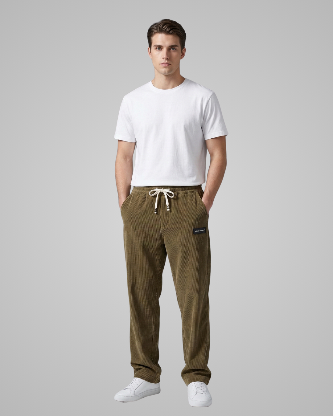 Man wearing a white t-shirt and olive green pants on a gray background