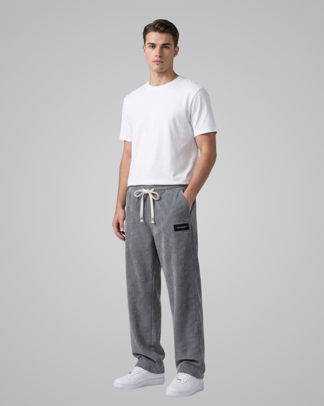 Man wearing a white t-shirt and gray sweatpants on a gray background