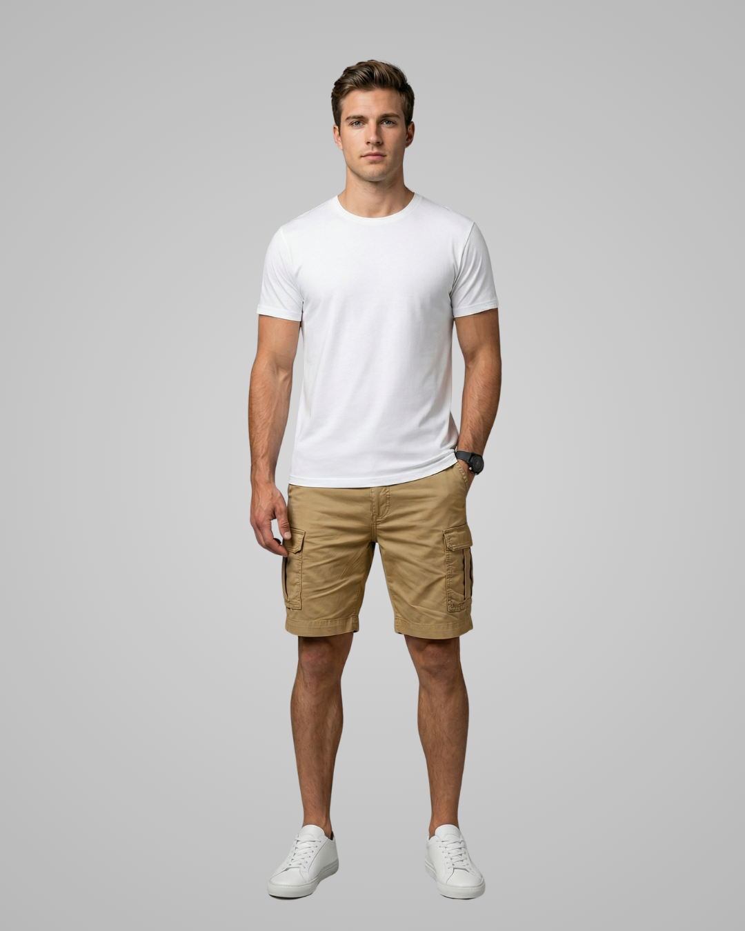 Man wearing a white t-shirt and beige cargo shorts on a gray background