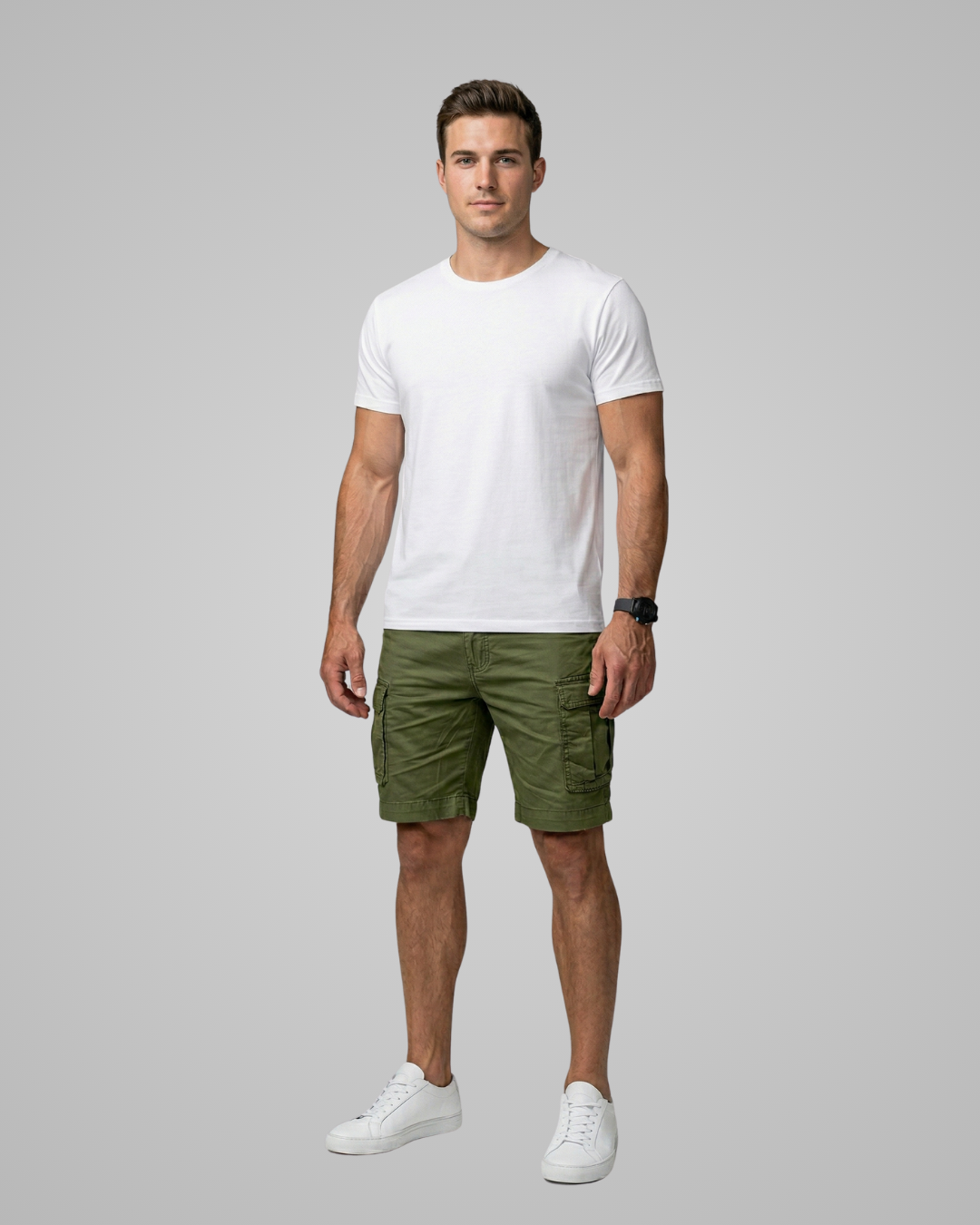 Man wearing a white t-shirt and green shorts on a gray background