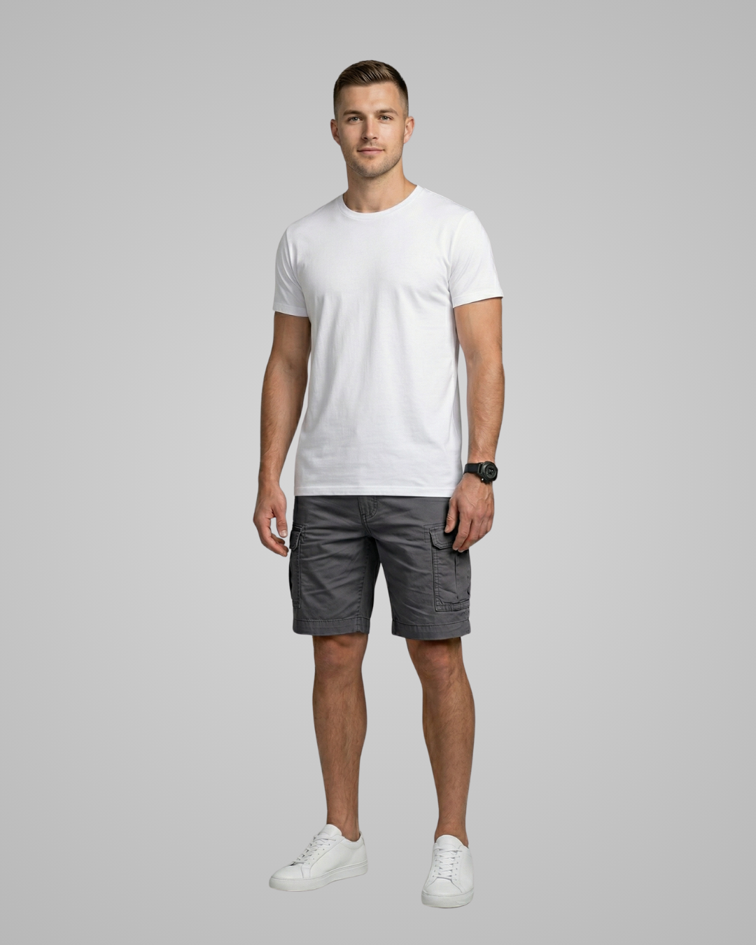 Man wearing a white t-shirt and gray shorts on a gray background