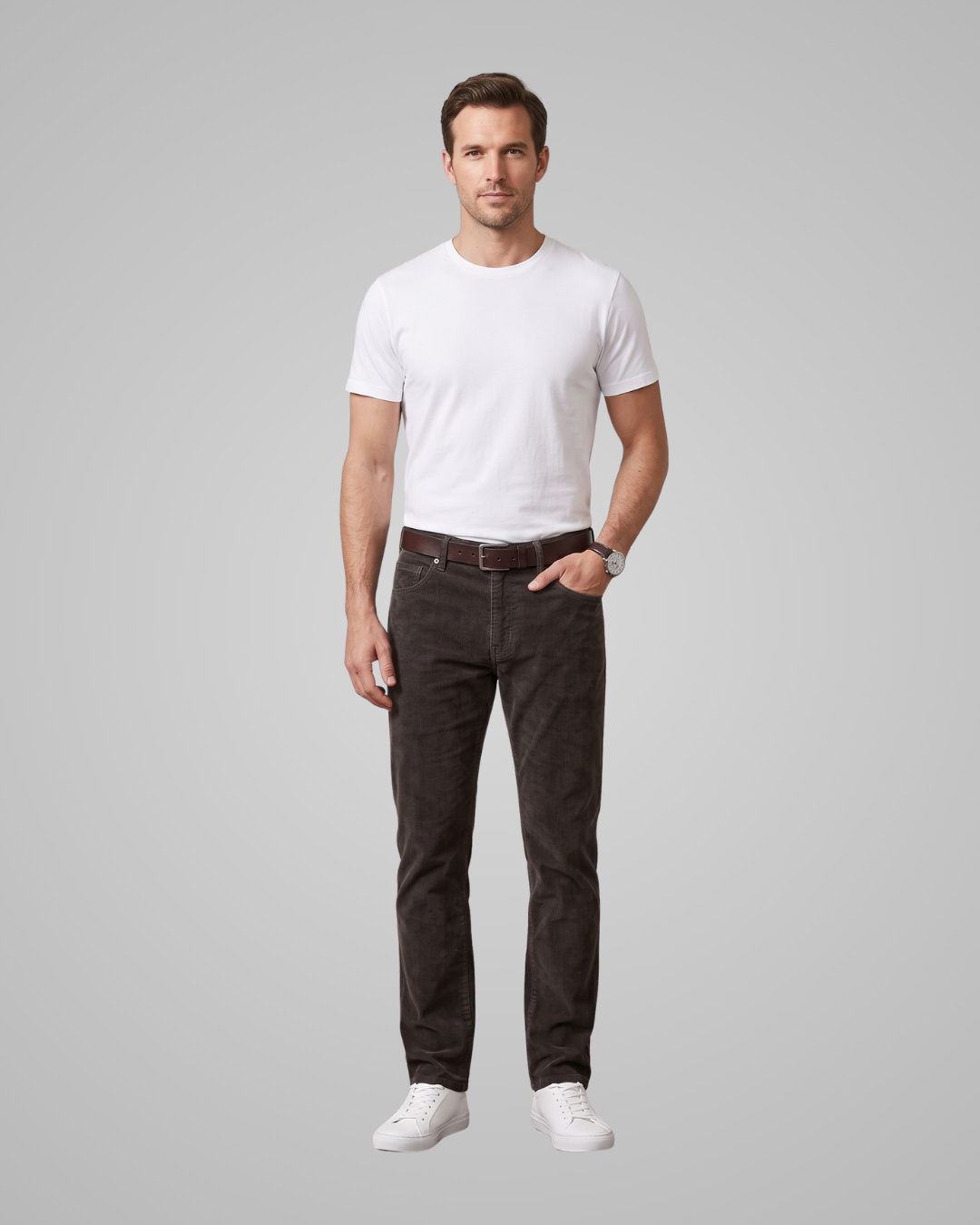 Man wearing a white t-shirt, dark pants, and white shoes on a gray background
