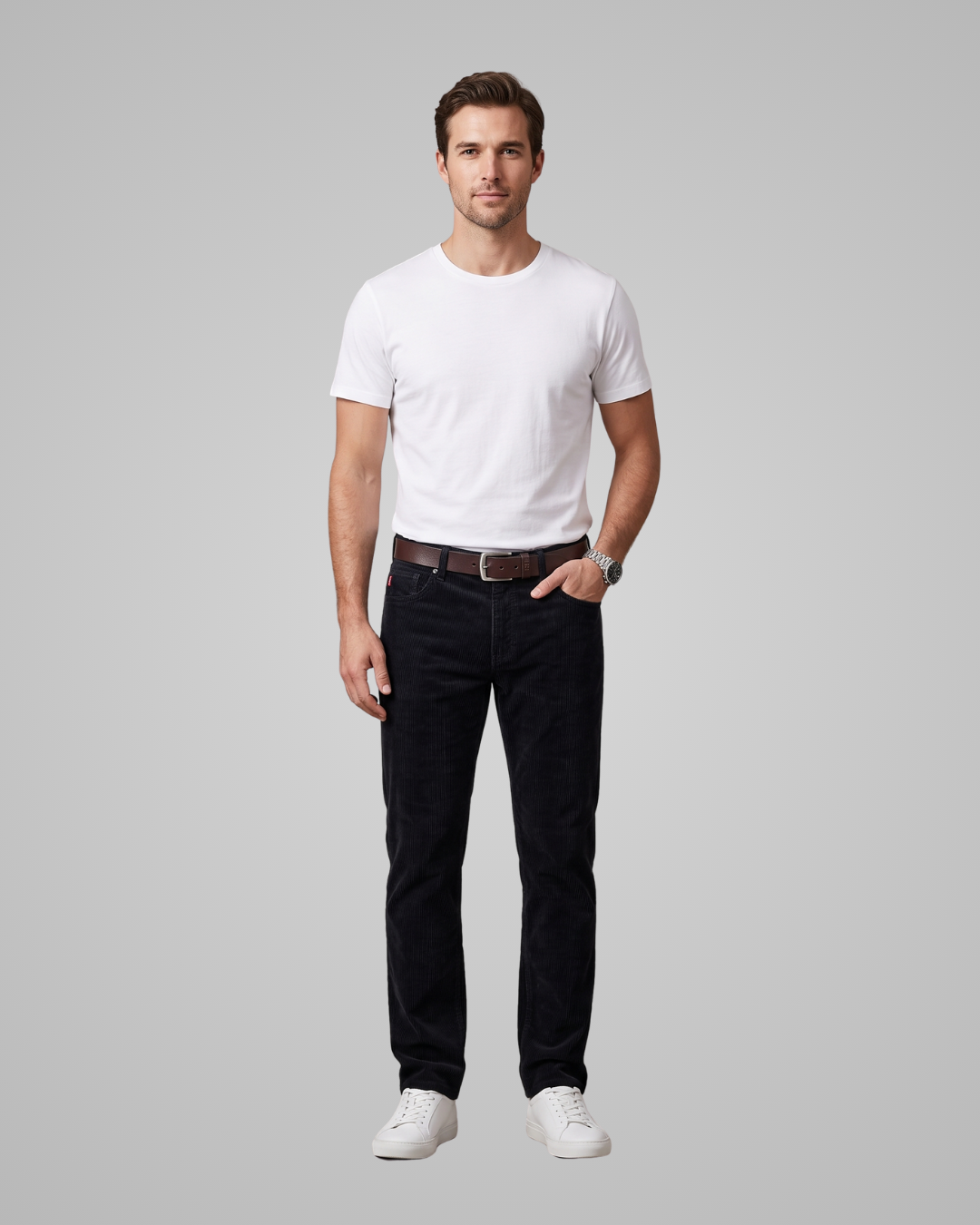 Man wearing a white t-shirt, black pants, and white sneakers on a gray background