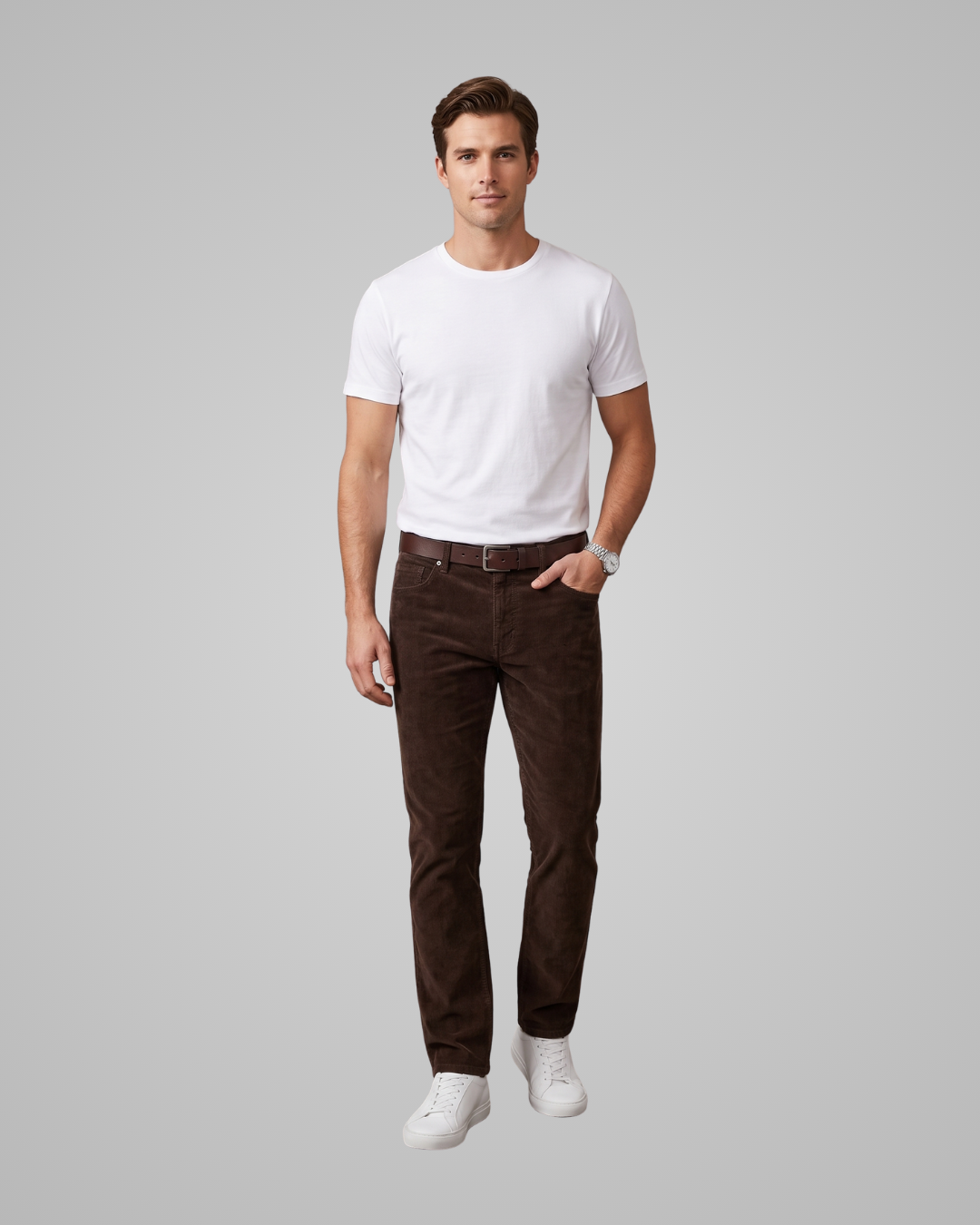 Man wearing a white t-shirt and brown pants on a gray background