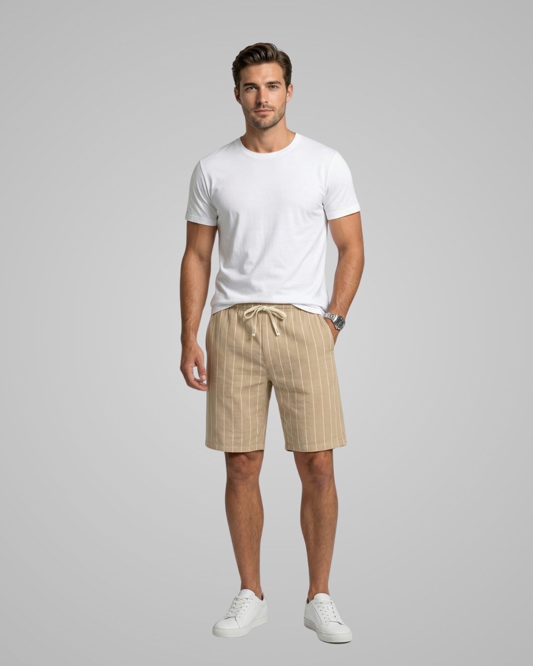 Man wearing a white t-shirt and beige shorts on a gray background