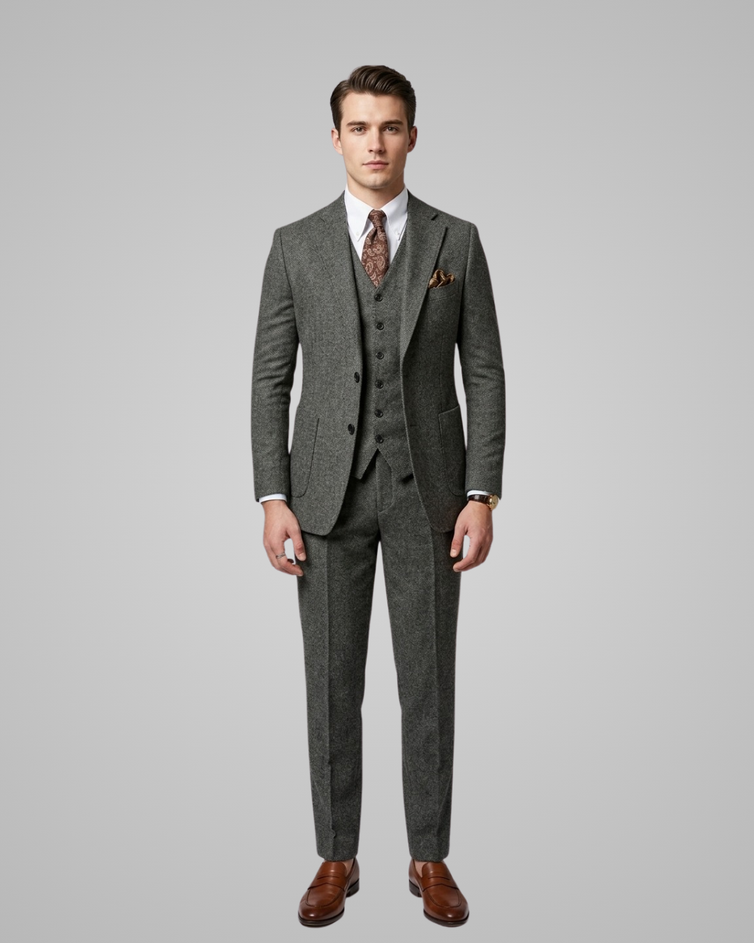 Man wearing a gray checkered suit with a patterned tie on a plain background