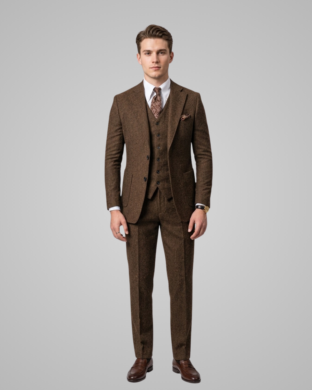 Man wearing a brown suit with a patterned tie on a gray background