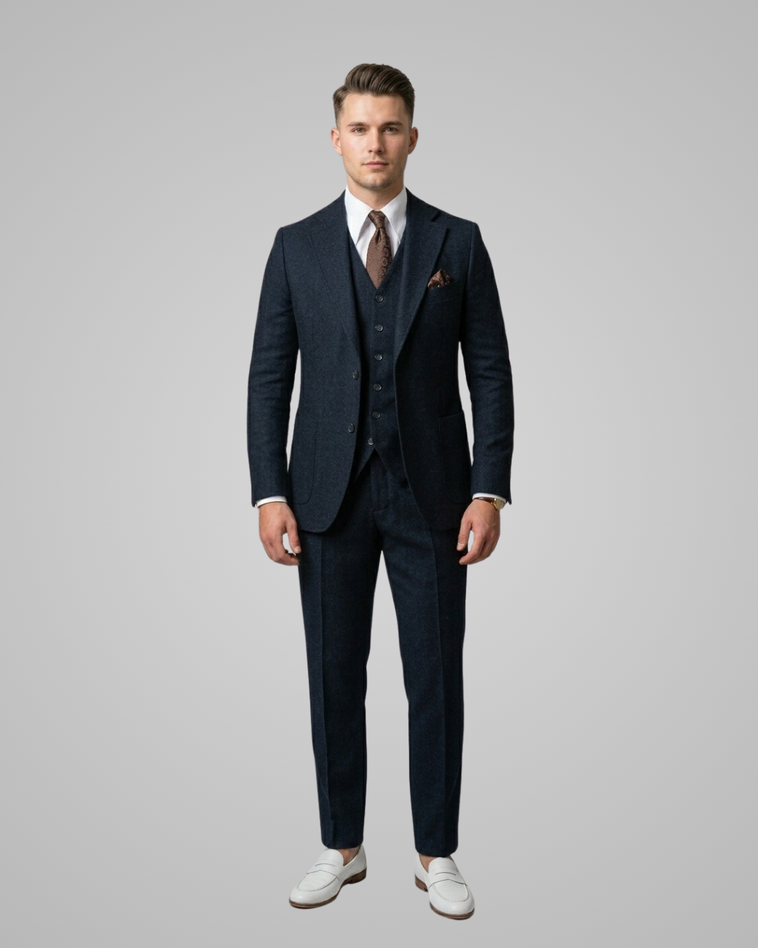 Man wearing a dark blue suit with a white shirt and white shoes on a gray background