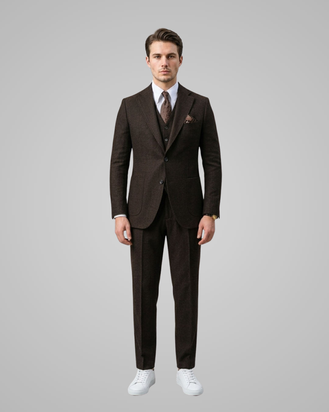 Man wearing a brown suit with a white shirt and white shoes on a gray background