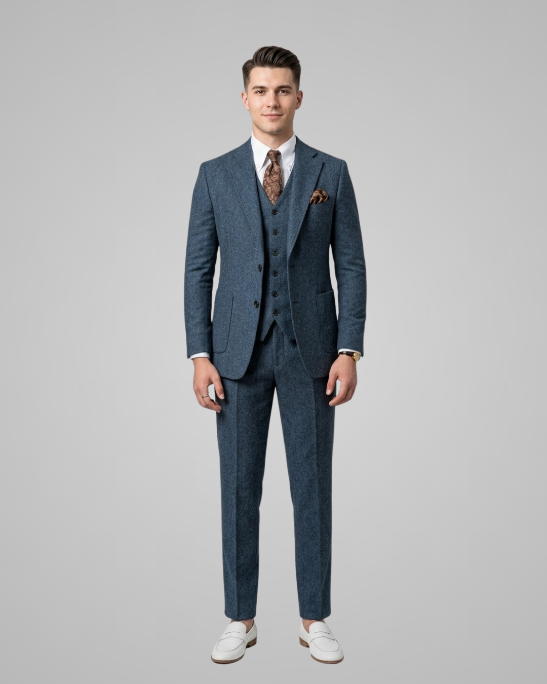 Man wearing a blue checkered suit with a white shirt and patterned tie on a gray background