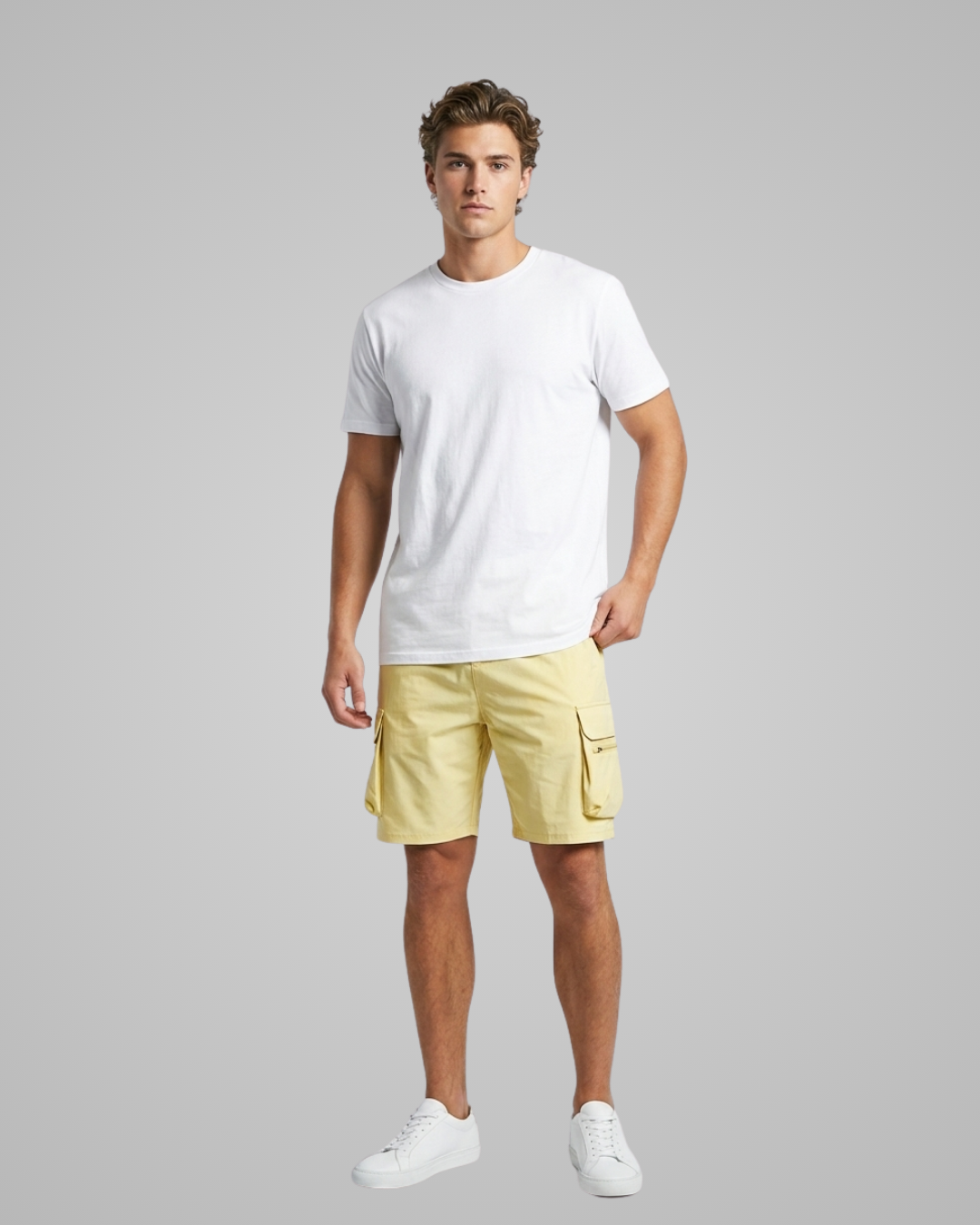 Man wearing a white t-shirt and yellow shorts on a gray background
