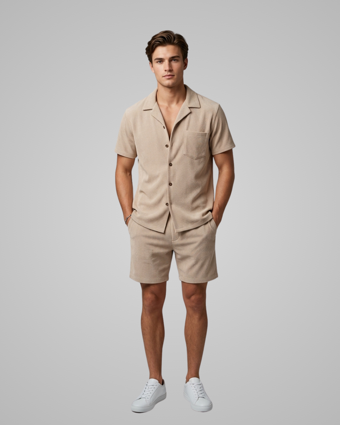 Man wearing a beige short-sleeve shirt and shorts set on a gray background