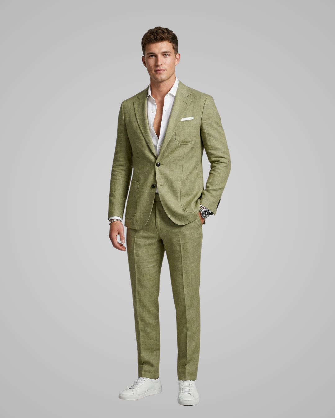 Man wearing a green suit with a white shirt on a gray background