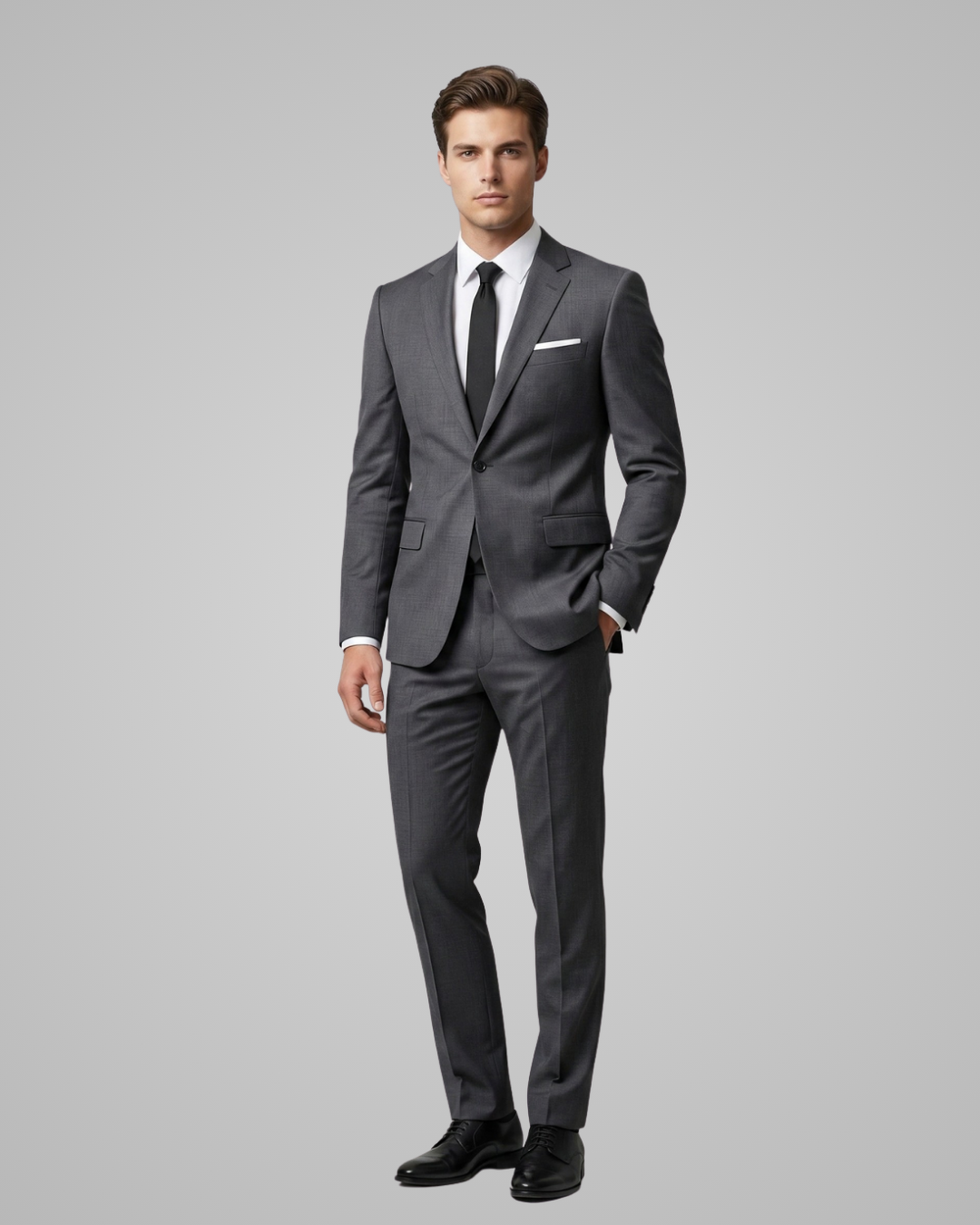 Man wearing a gray suit with a white shirt and black tie on a gray background