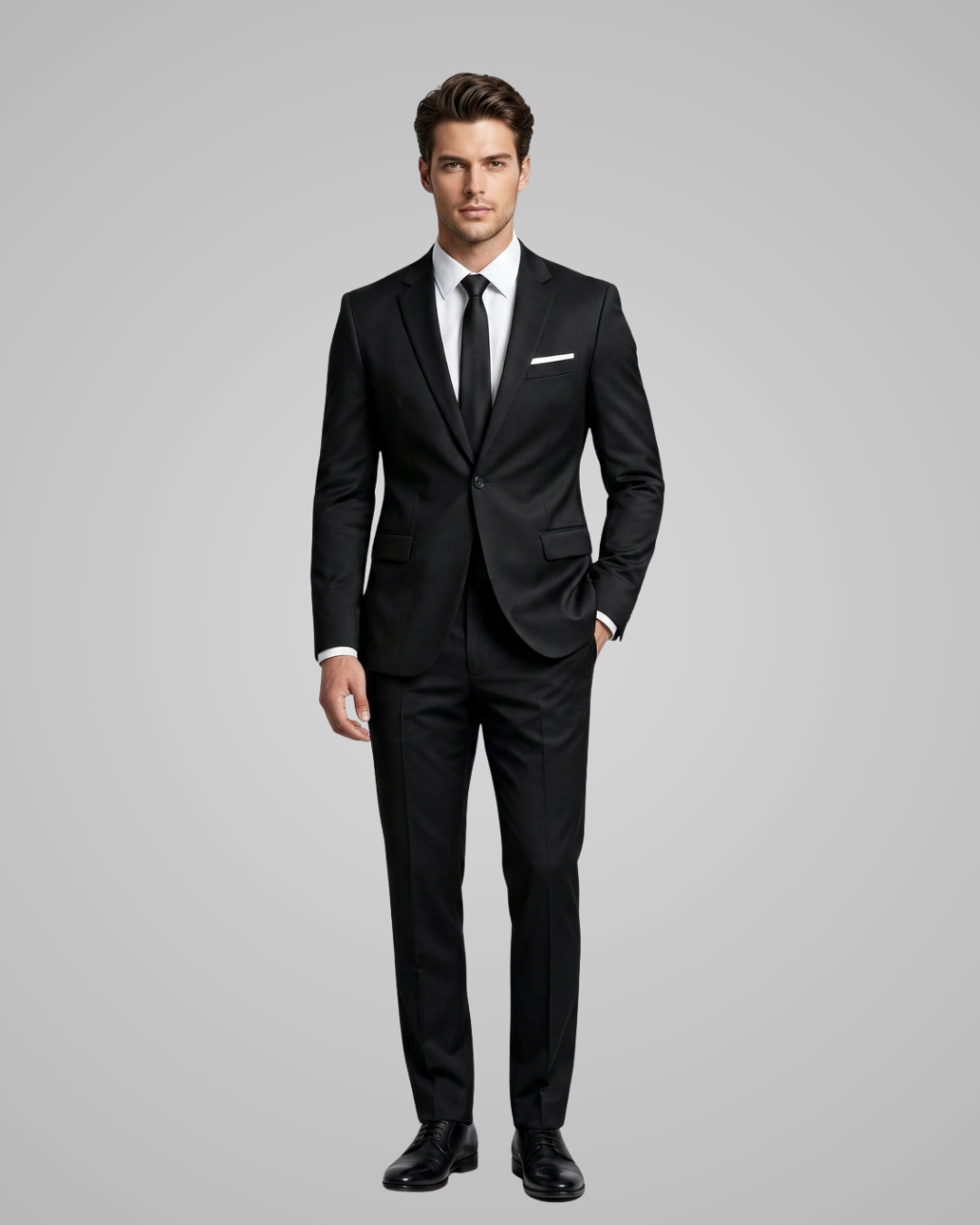 Man wearing a black suit on a gray background