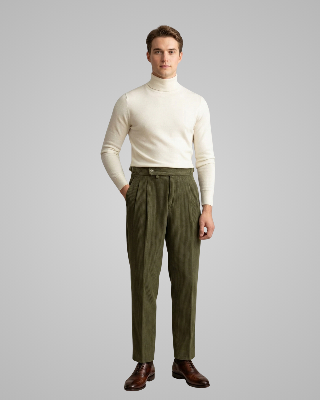 Men's Tailored Corduroy High Waist Trousers in Green