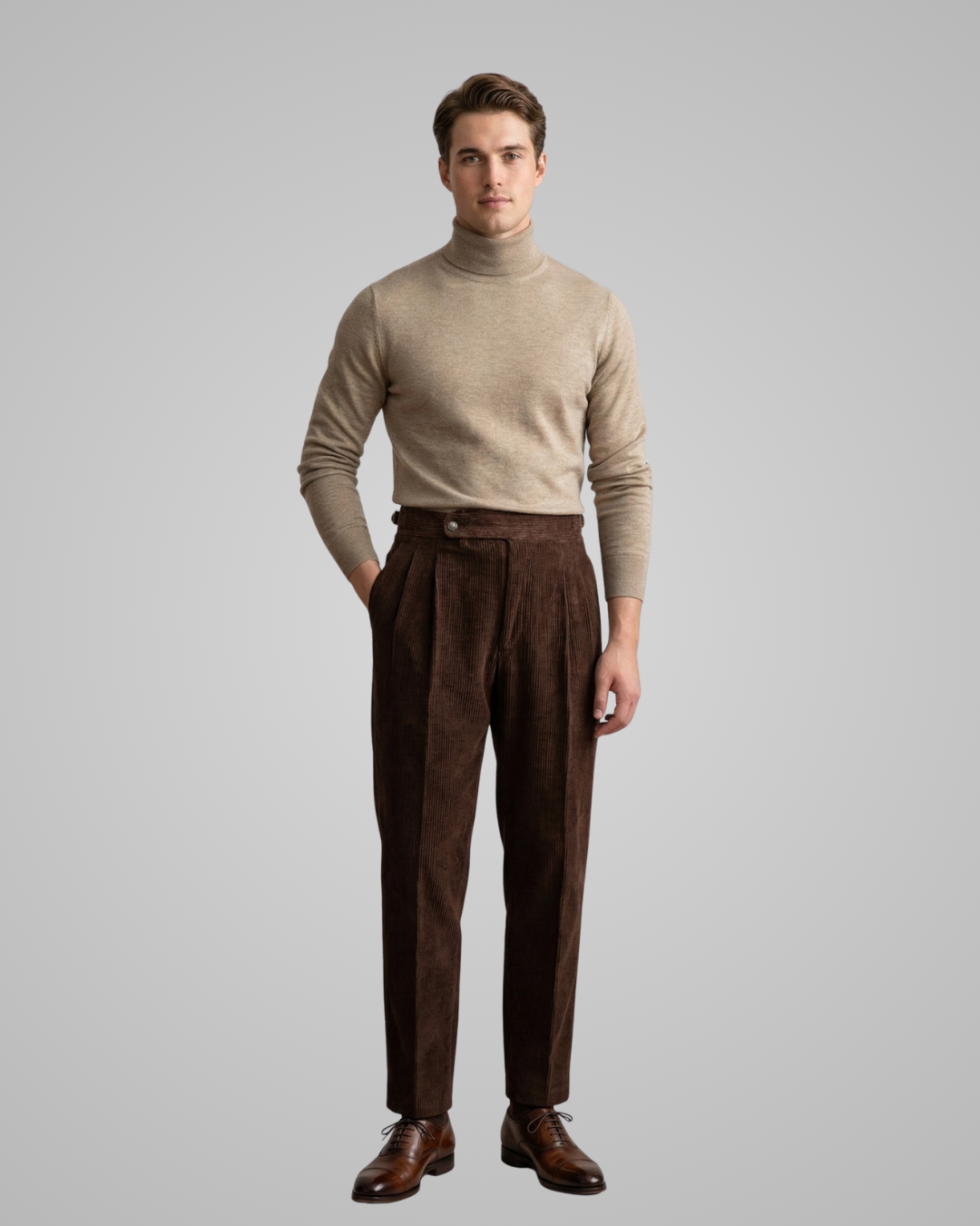 Men's Tailored Corduroy High Waist Trousers in Coffee
