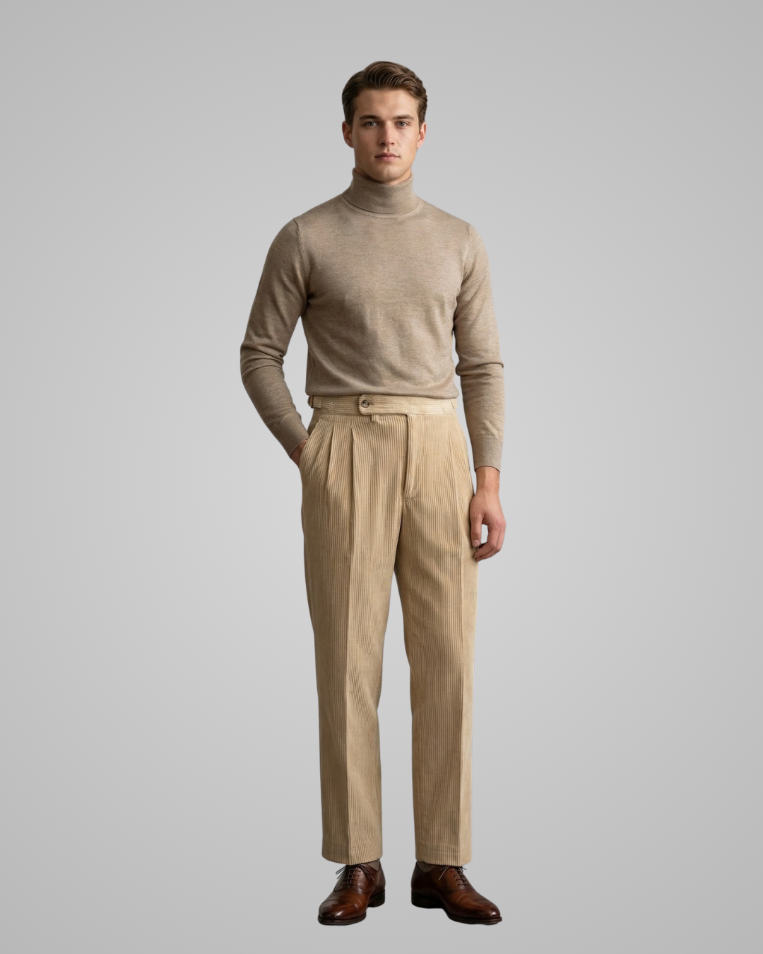 Men's Tailored Corduroy High Waist Trousers in Khaki