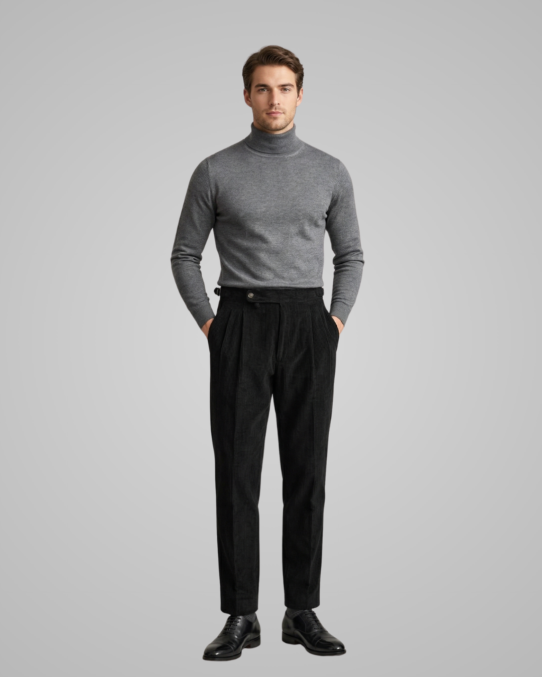 Men's Tailored Corduroy High Waist Trousers in Black