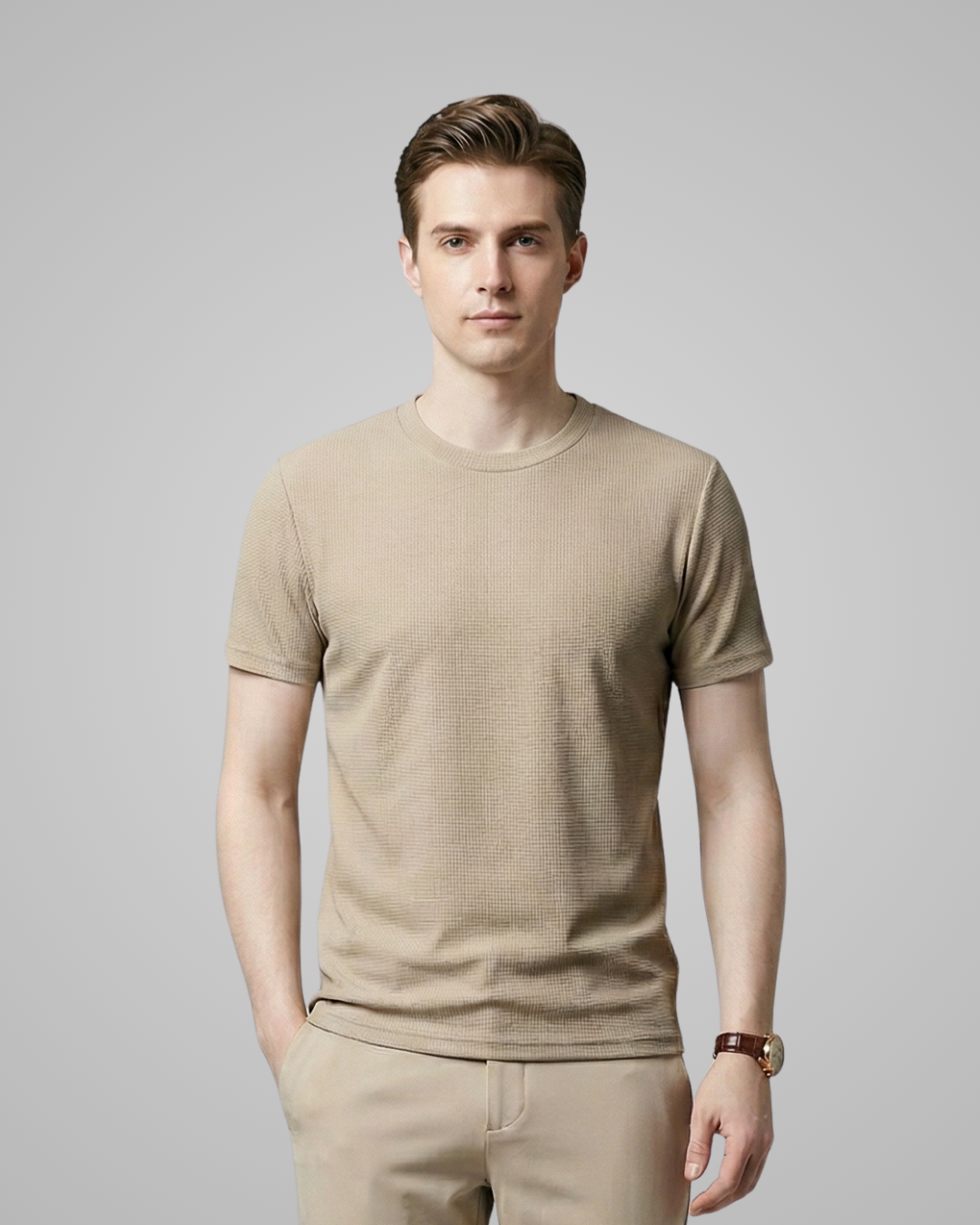 Man wearing a beige t-shirt and pants against a gray background
