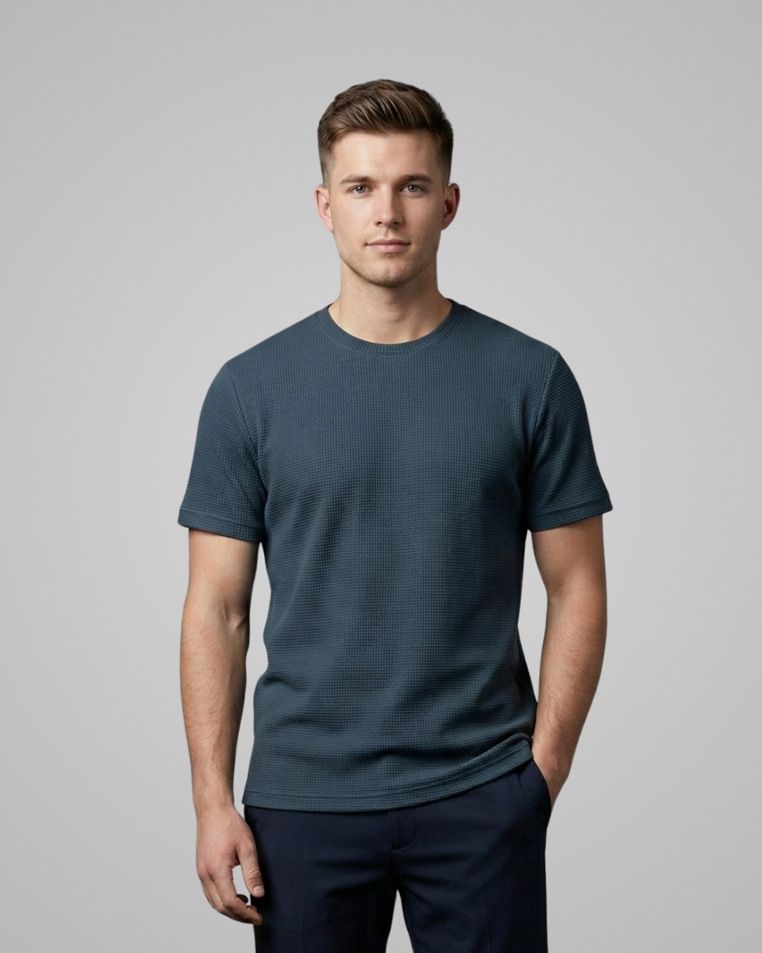 Man wearing a dark blue t-shirt against a gray background