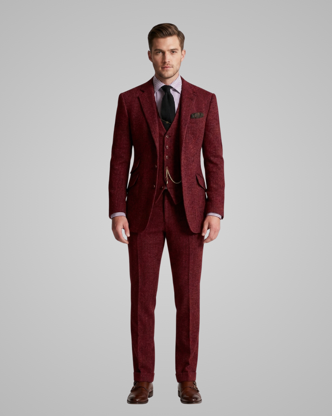 Man wearing a burgundy suit with a white shirt and black tie on a gray background