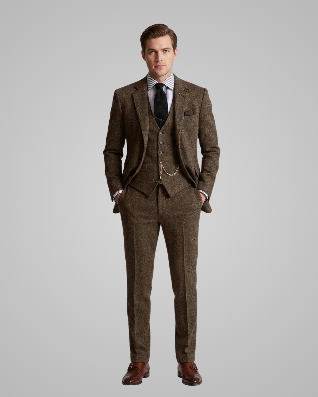 Man wearing a brown suit with a white shirt and black tie on a gray background