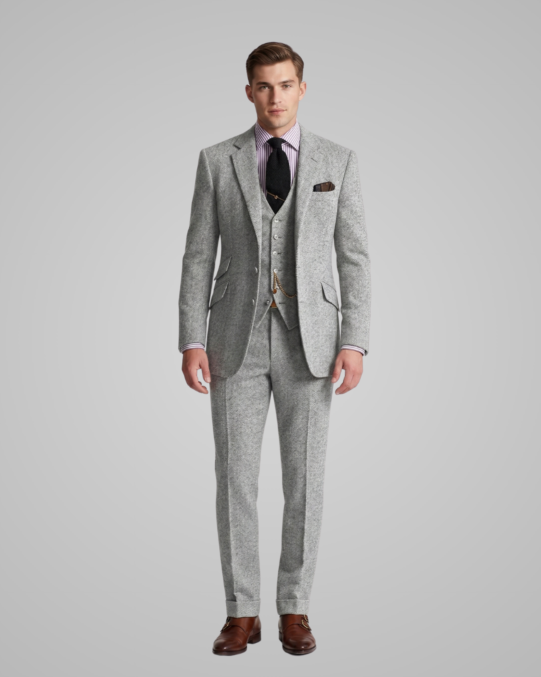 Man wearing a gray suit with a white shirt and brown shoes on a light gray background