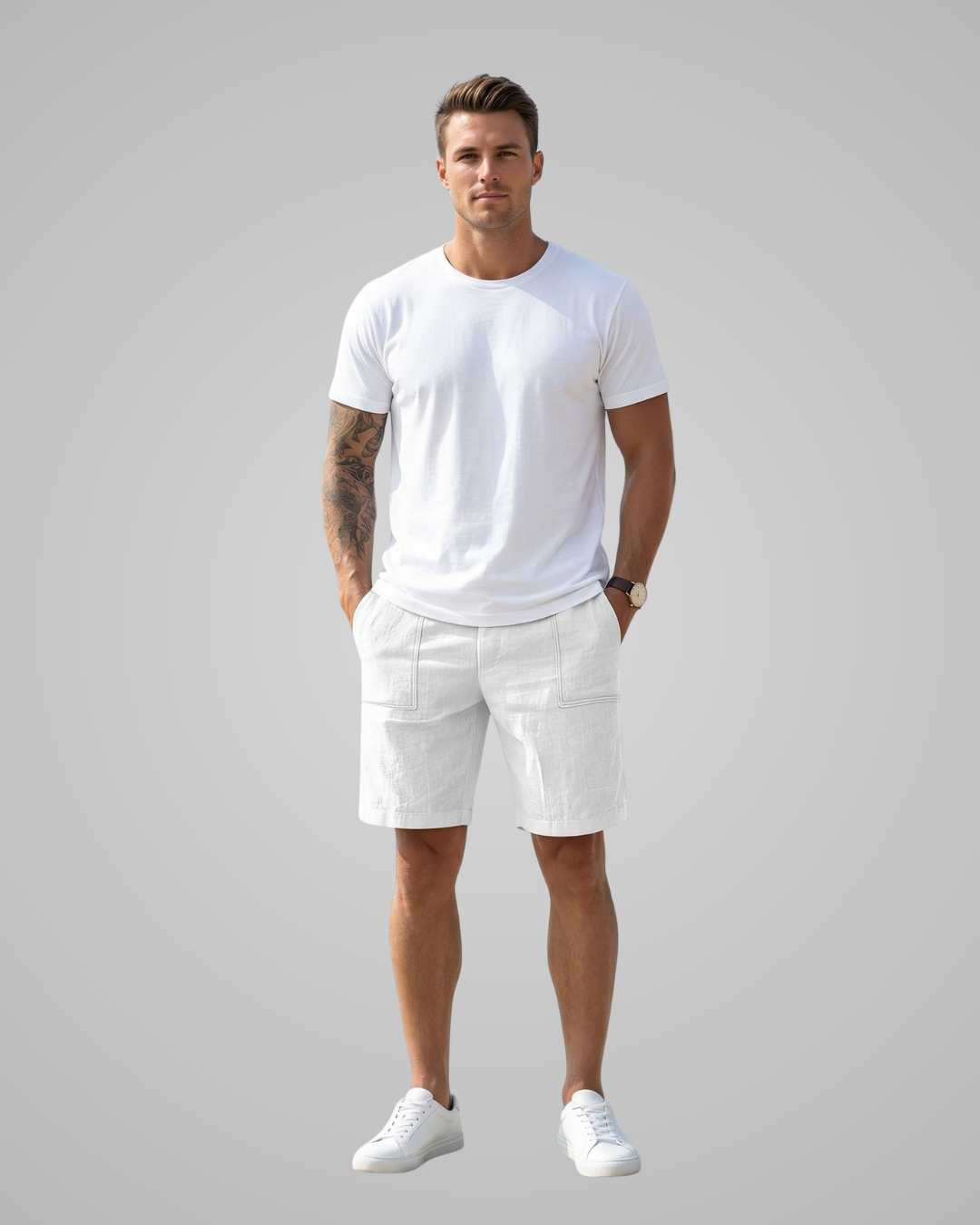 Man wearing a white t-shirt and shorts on a gray background