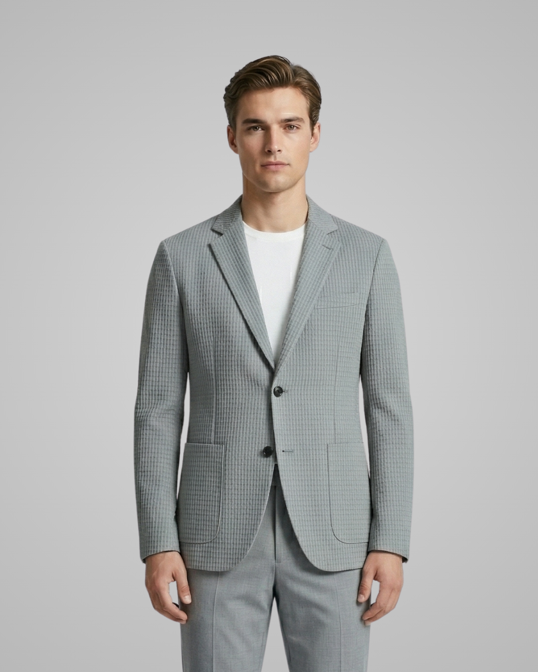 Man wearing a gray checkered suit on a plain background