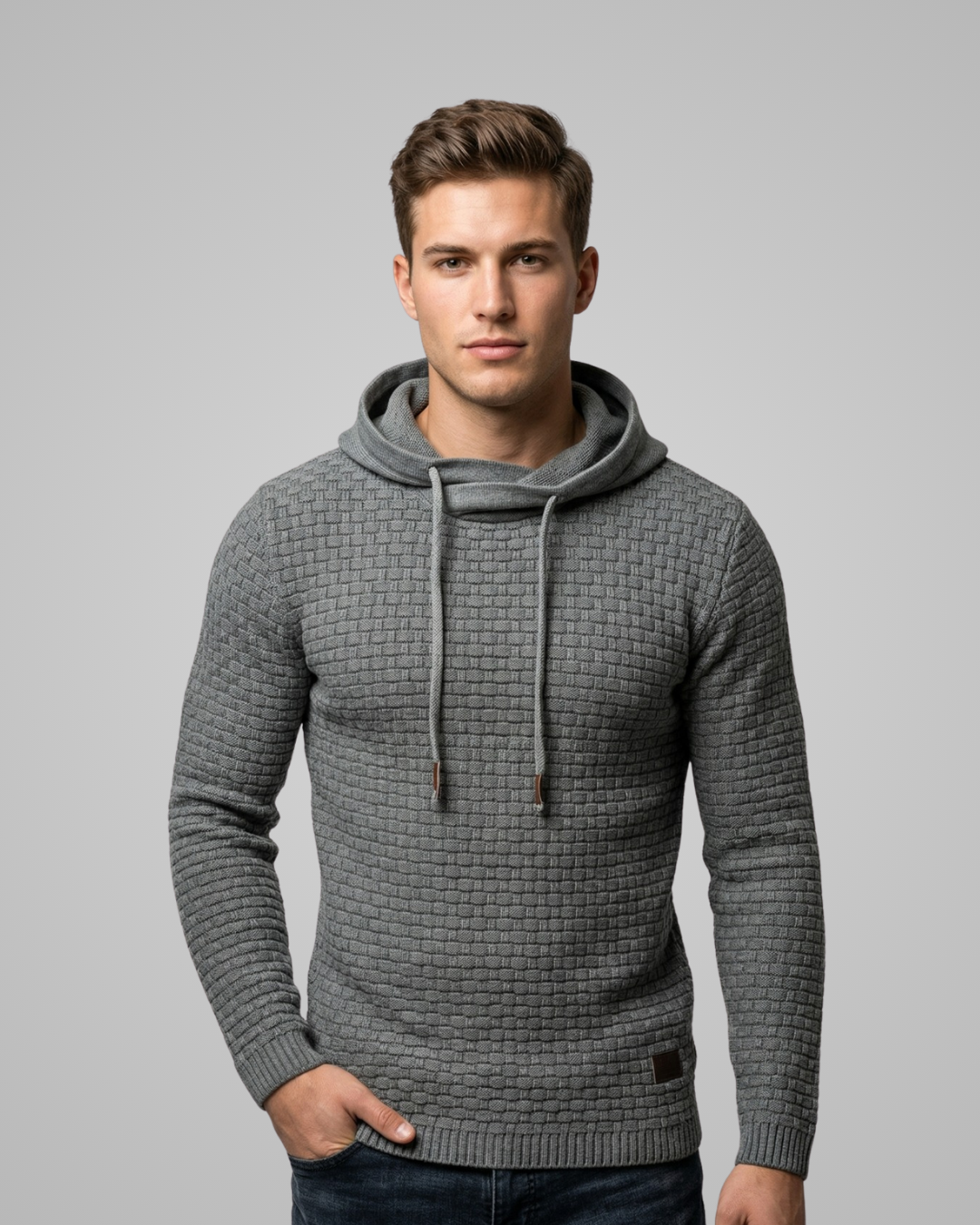 Man wearing a gray textured hoodie on a light gray background