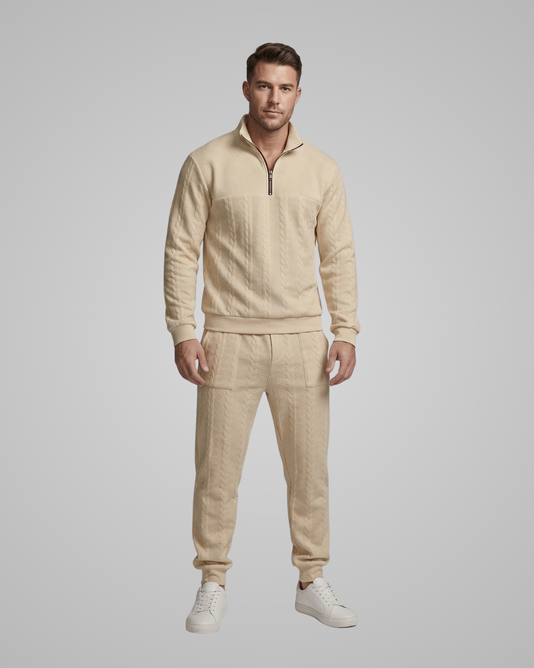 Men's Textured Knit Tracksuit Set in Khaki