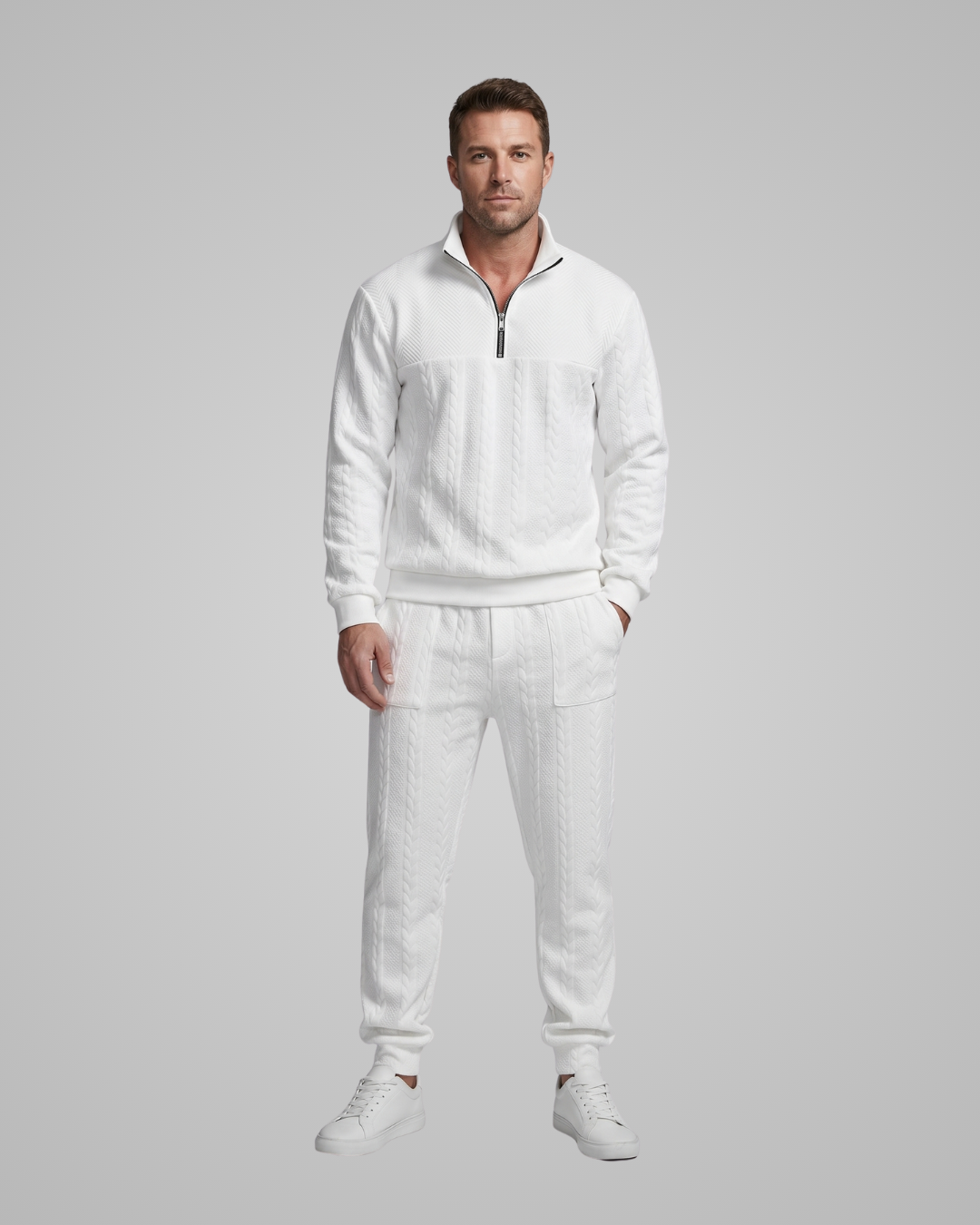 Men's Textured Knit Tracksuit Set in White