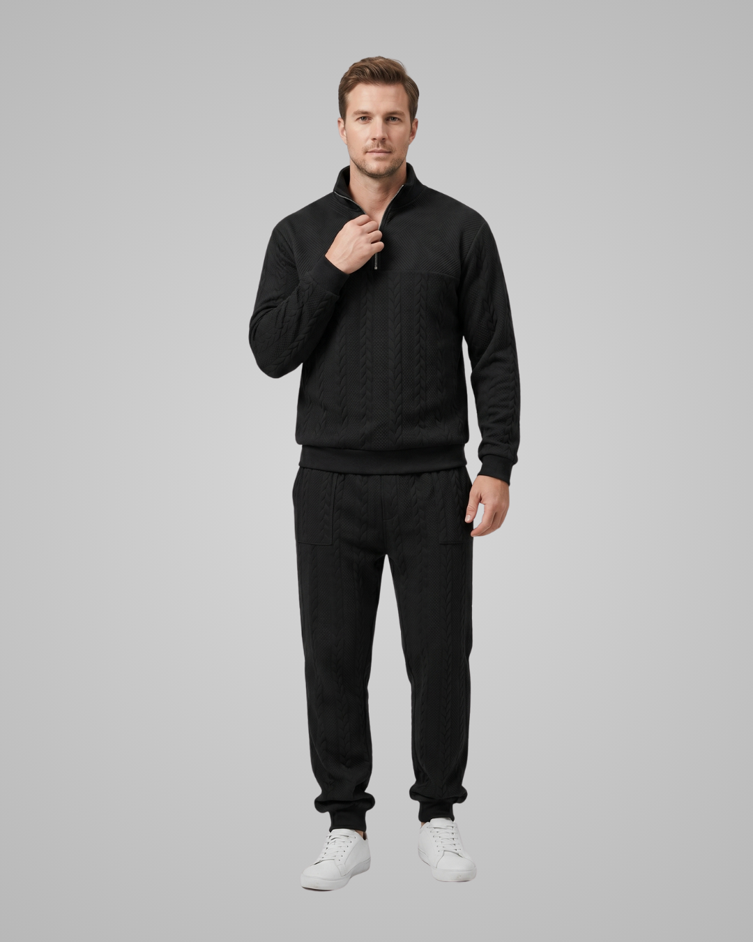 Men's Textured Knit Tracksuit Set in Black