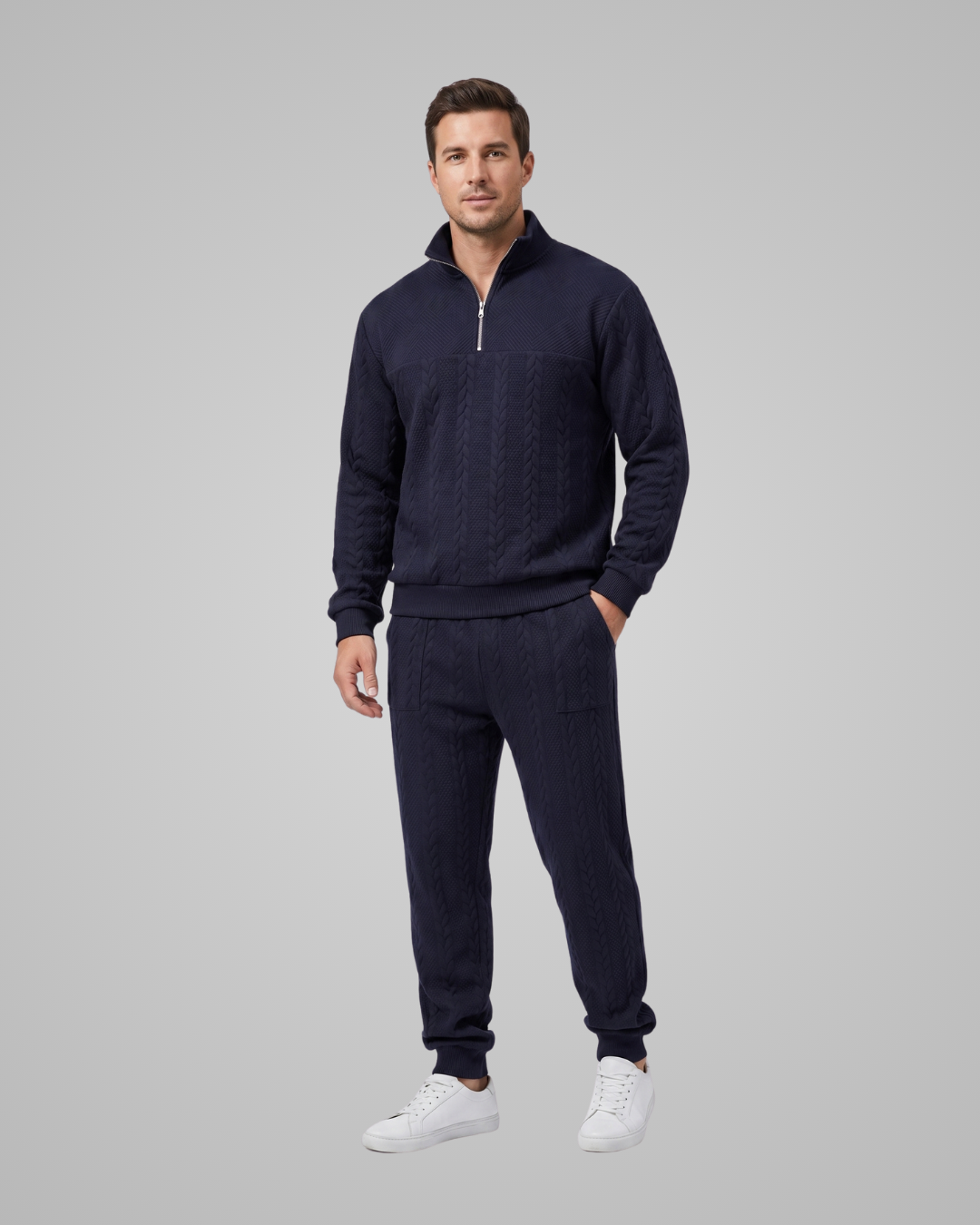 Men's Textured Knit Tracksuit Set in Navy Blue