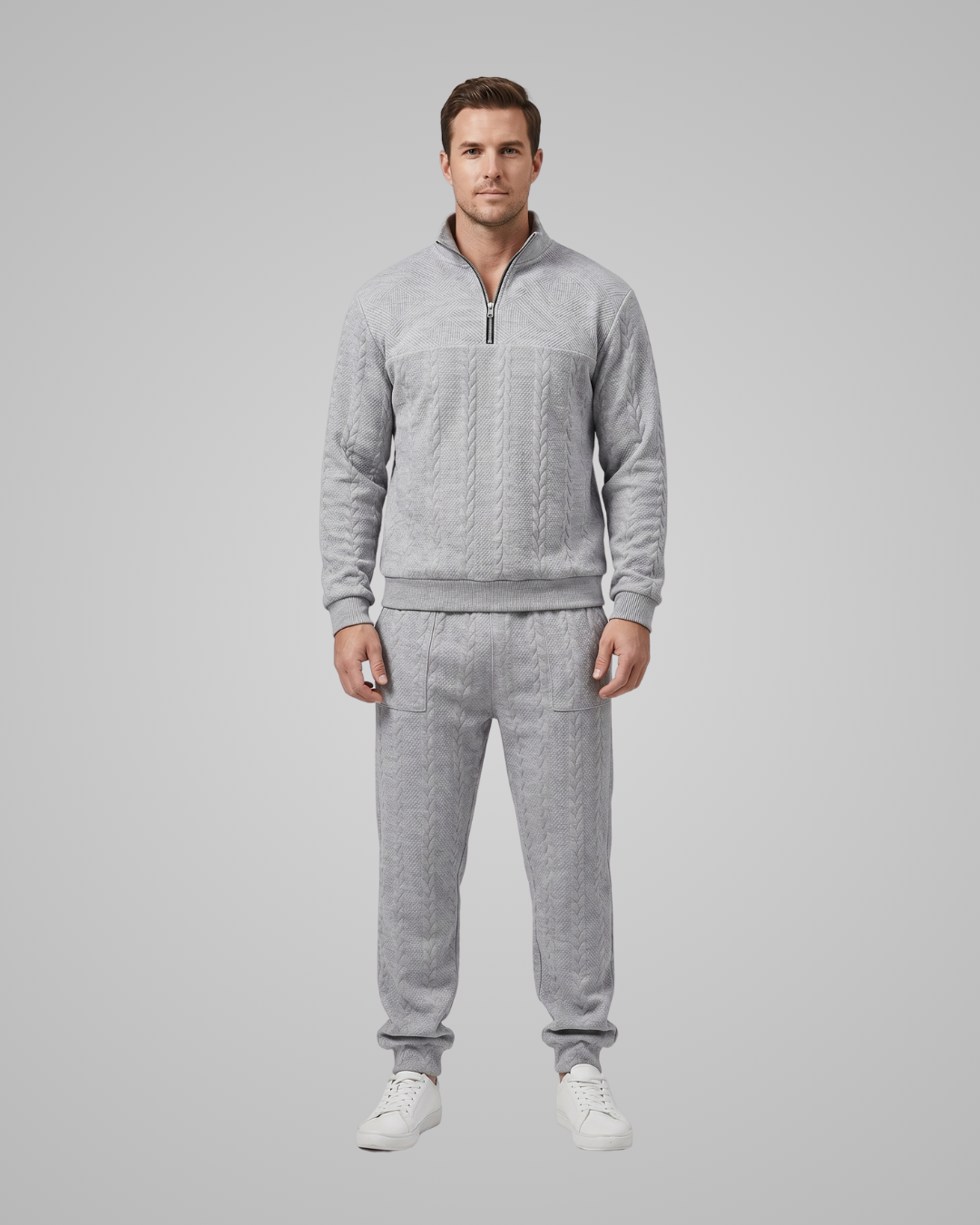 Men's Textured Knit Tracksuit Set in Grey
