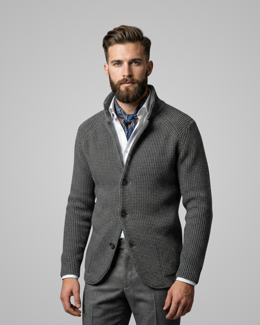 Man wearing a gray checkered blazer over a patterned shirt on a gray background