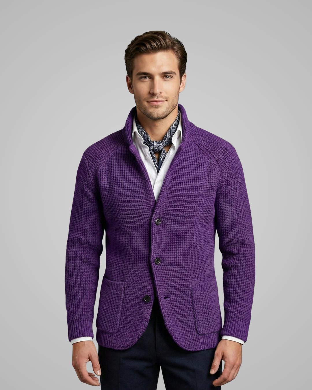 Man wearing a purple blazer over a patterned shirt on a gray background