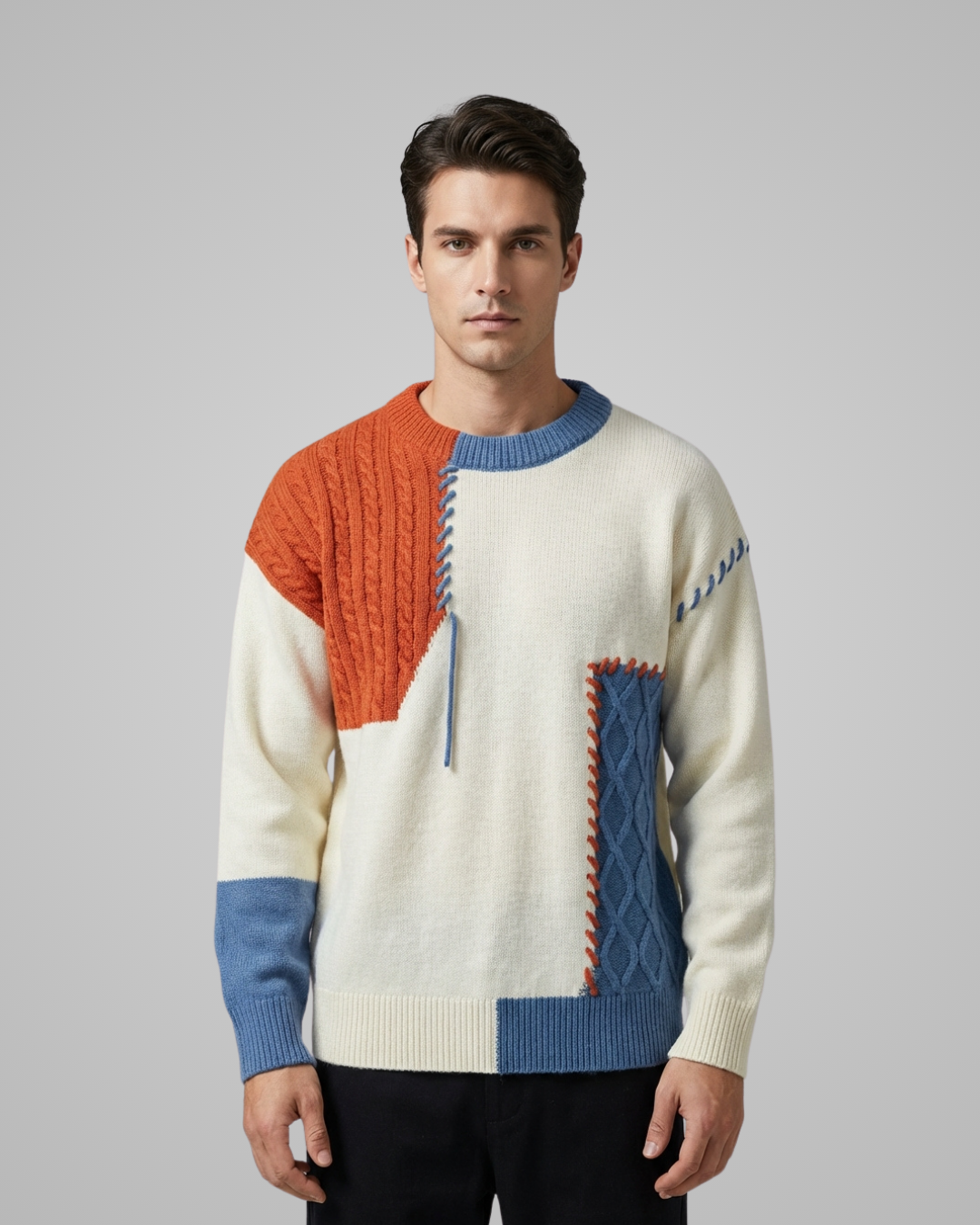 Man wearing a colorful sweater with a patchwork design on a gray background
