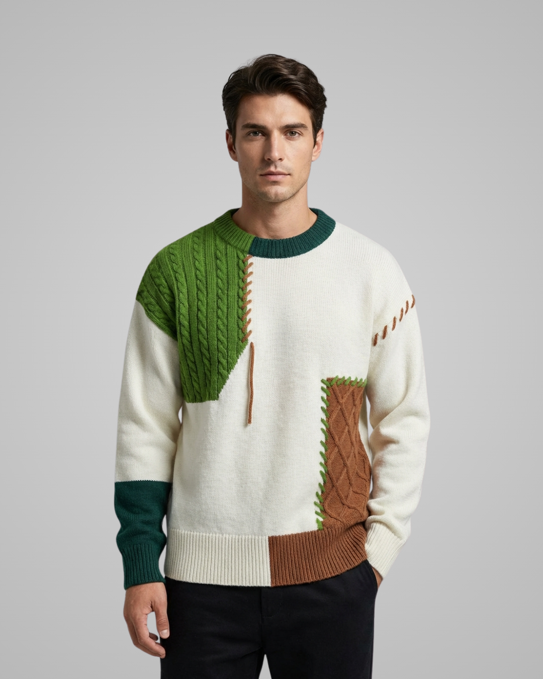Man wearing a patterned sweater with green, brown, and white colors on a gray background