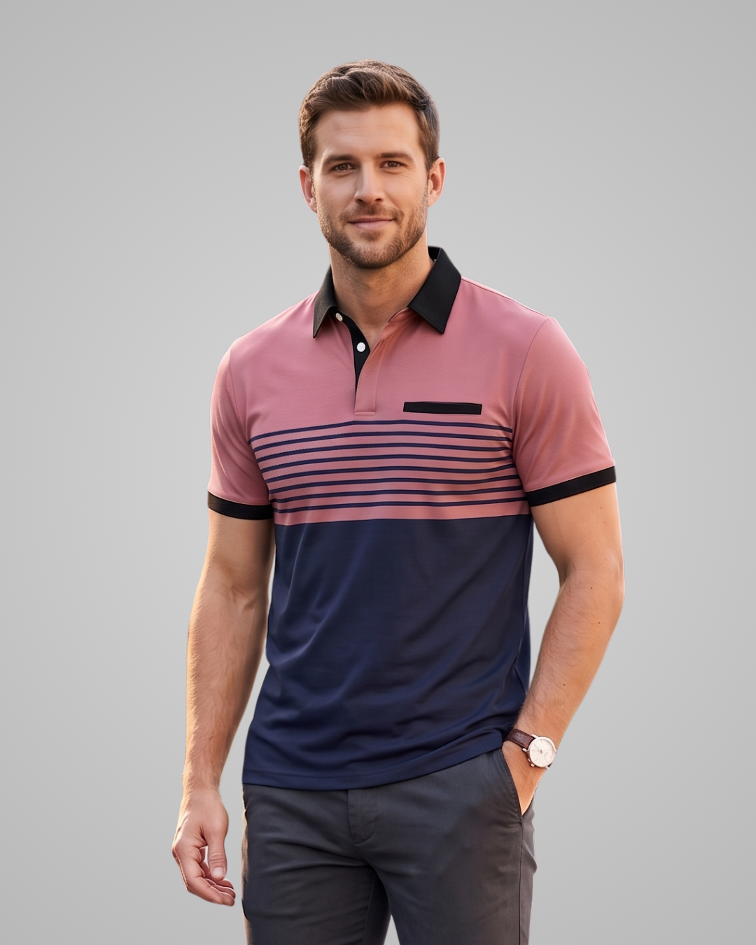 A man wearing a short-sleeve polo shirt with a color-blocked design in dusty pink and navy blue, featuring horizontal stripes across the chest and a black collar and sleeve trim, set against a solid gray background.
