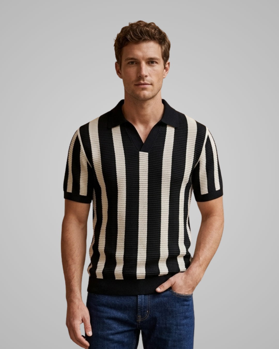 A man wearing a short-sleeve knit polo shirt with vertical black and cream stripes, paired with blue jeans, against a solid gray studio background.