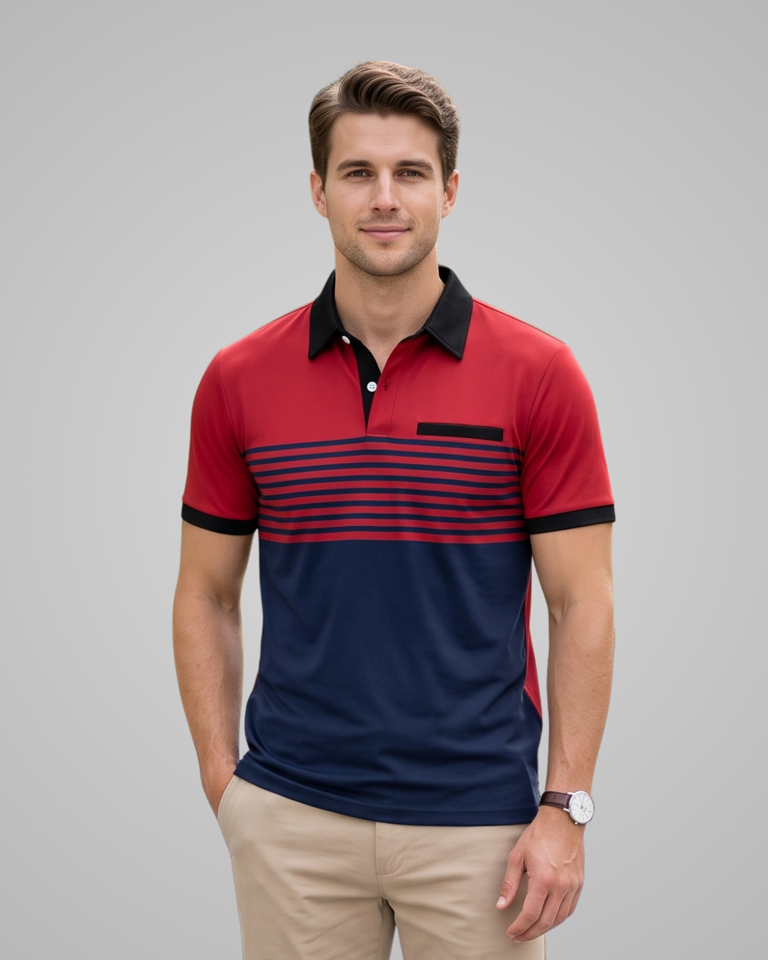 A man wearing a short-sleeve polo shirt with a red upper section, navy lower section, and horizontal navy stripes across the chest, paired with khaki pants, against a solid gray background.