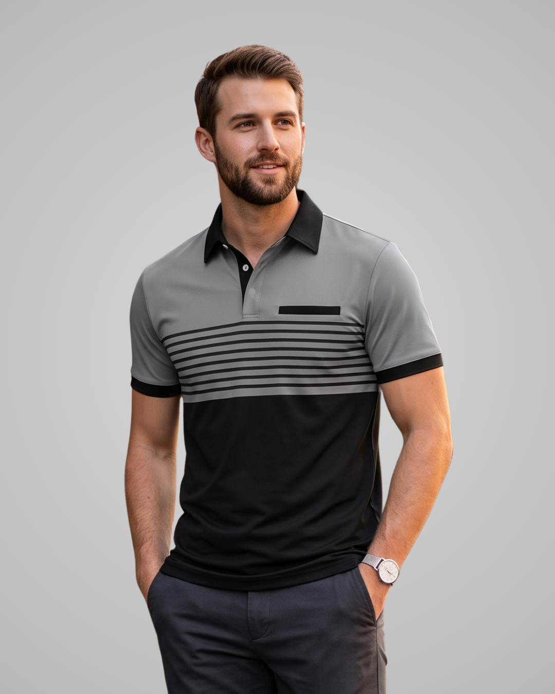 A man wearing a short-sleeve polo shirt with a grey upper section, black lower section, and horizontal black stripes across the chest, paired with black pants, against a solid gray background.
