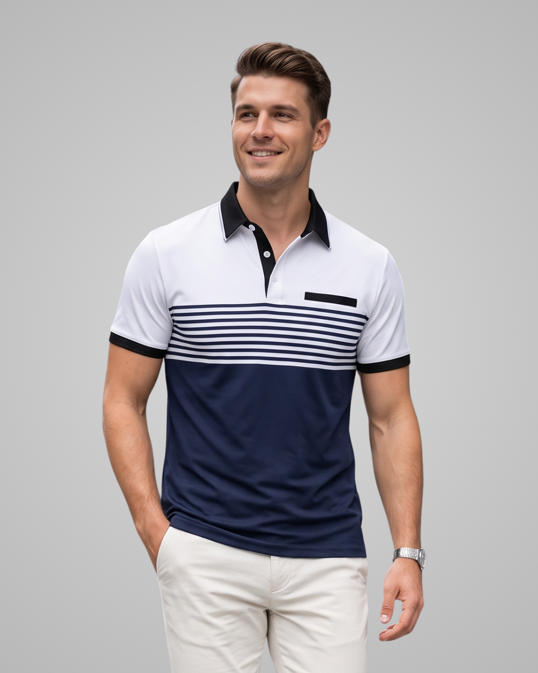 A man wearing a short-sleeve polo shirt with a white upper section, navy lower section, and horizontal navy stripes across the chest, paired with khaki pants, against a solid gray background.