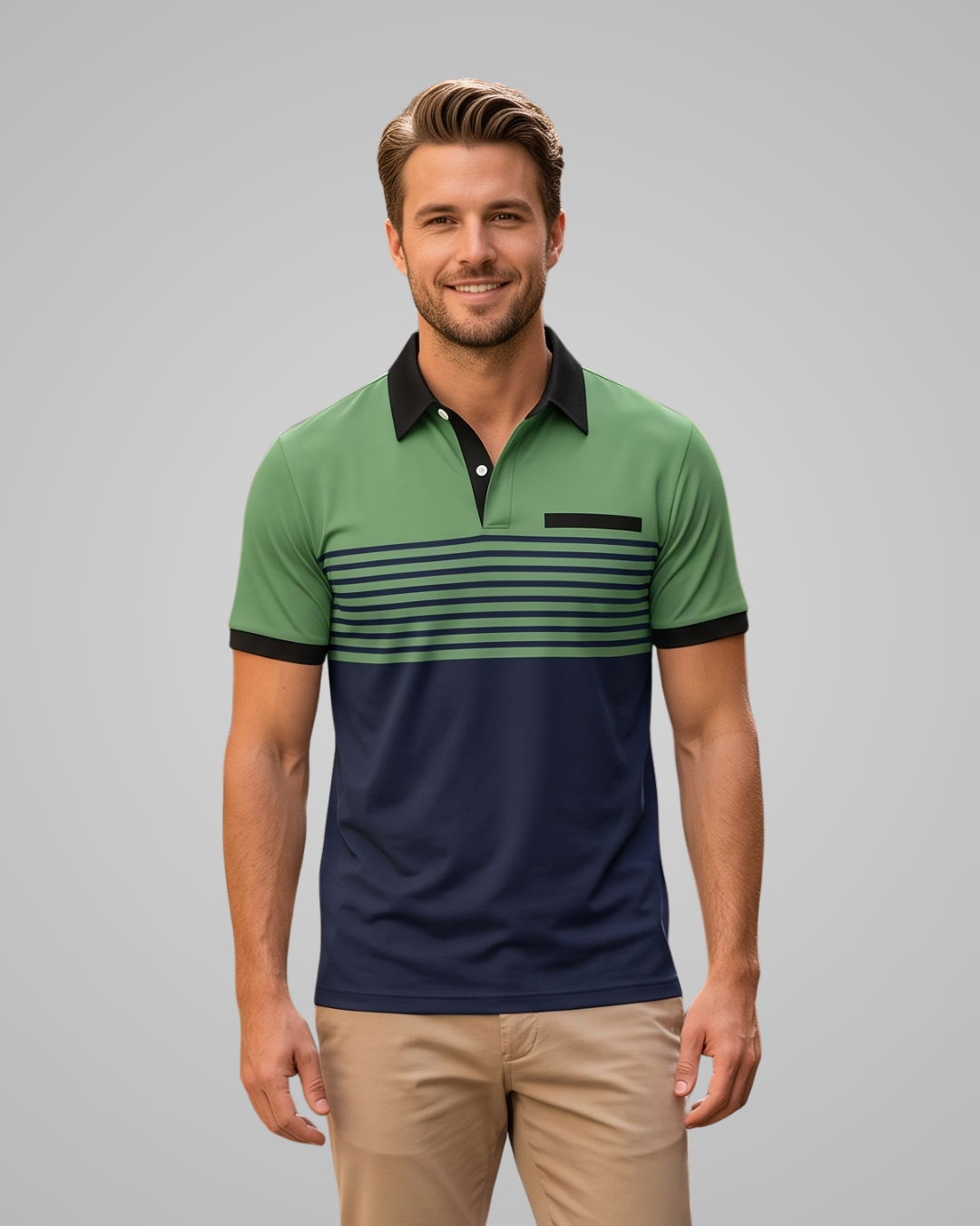 A man wearing a short-sleeve polo shirt with a green upper section, navy lower section, and horizontal navy stripes across the chest, paired with khaki pants, against a solid gray background.