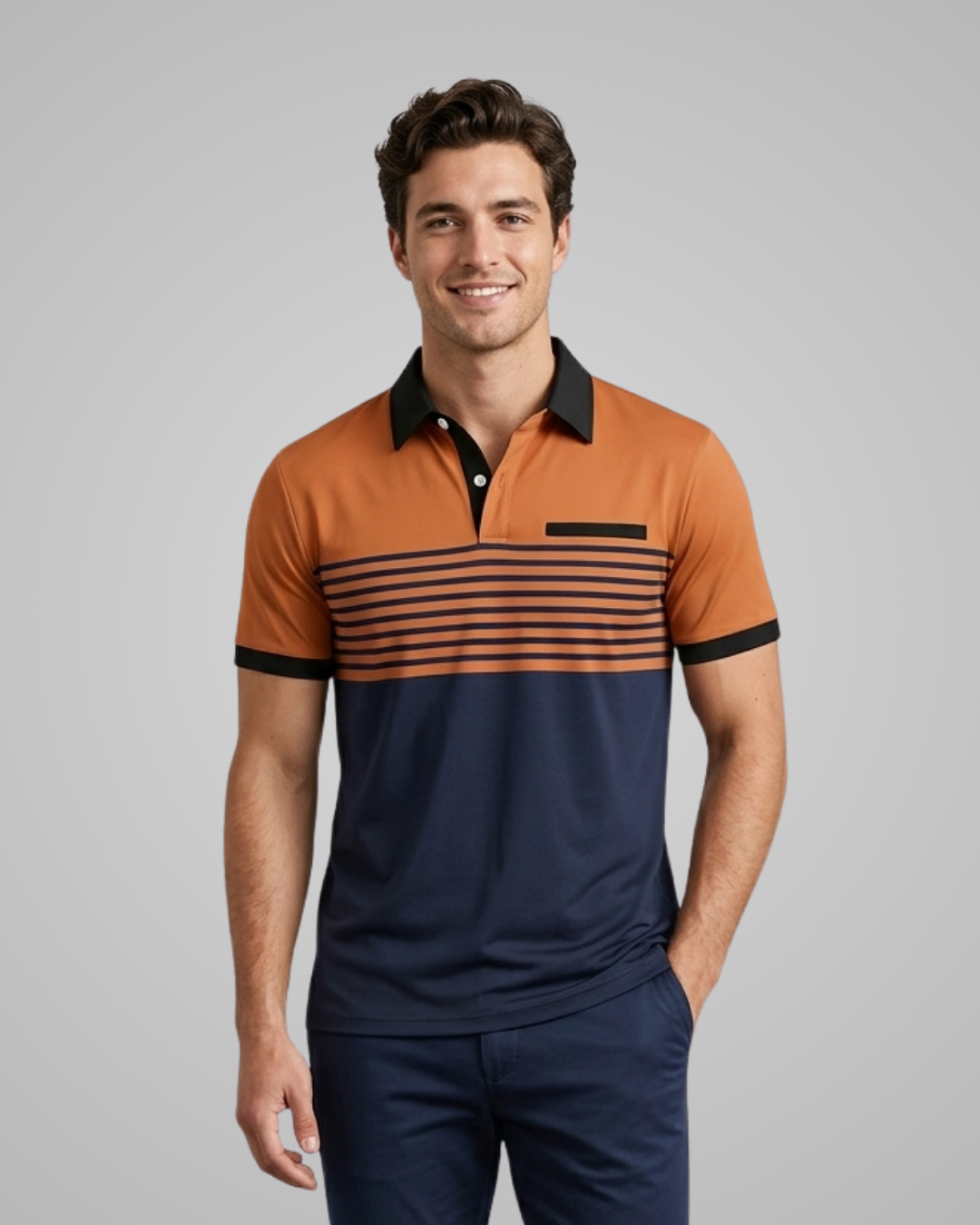A man wearing a short-sleeve polo shirt with a color-blocked design in orange, navy, and black stripes, paired with navy pants, against a solid gray studio background.
