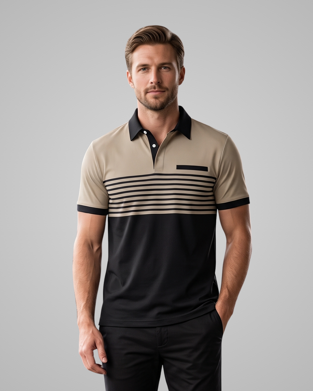 A man wearing a short-sleeve polo shirt with a beige upper section, black lower section, and horizontal black stripes across the chest, paired with khaki pants, against a solid gray background.