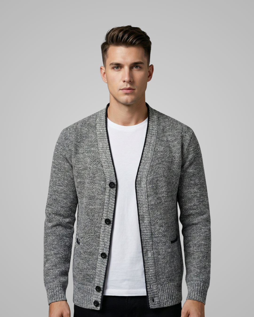 Man wearing a gray cardigan over a white shirt on a gray background